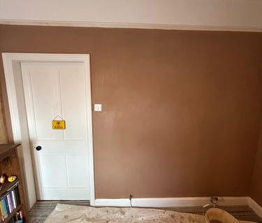 Freshly painted brown wall in a room with a white door and floor protected by a dust sheet.