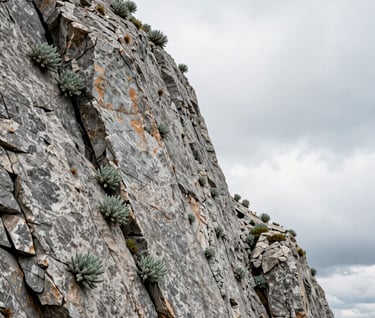 Photography of a rugged limestone cliff in the North American Rockies, with small sage green plants clinging to the rock face, diffused cloudy light, clean and modern aesthetic.