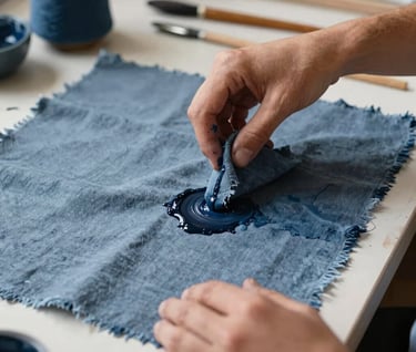 A close-up photograph of an artist's hands working with textiles and pigments in a sunlit European / French studio. The palette includes muted slate blue and dark navy blue. A refined and inspiring creative process.