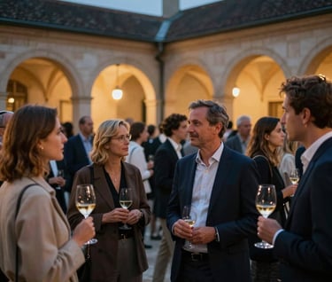 A photography shot of a sophisticated crowd at a cultural event in a European / French courtyard at dusk. People are holding wine glasses and talking animatedly. The lighting is warm and welcoming with soft linen glows and midnight navy shadows.