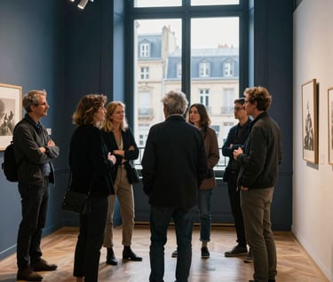 A group of art professionals and enthusiasts engaged in a lively discussion at a gallery opening in a European / French cultural district. They are standing near a large window with city views. The interior features dark slate blue details and warm ambient lighting.