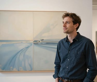 A portrait of a creative professional in a modern European / French gallery, standing thoughtfully before a large canvas. Natural light emphasizes a refined and welcoming atmosphere, using an ivory and steel blue palette.