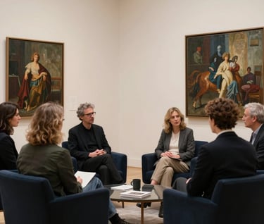 An inviting scene of a group of enthusiasts discussing art in a European / French cultural hub. Modern architecture, ivory walls, and sophisticated dark navy furniture create a timeless atmosphere.