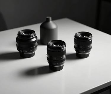 Still life photography of curated art objects on a minimalist table, cinematic lighting with strong directional shadows, black and white, sophisticated and premium aesthetic.