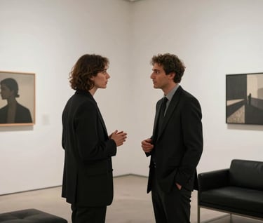 Sophisticated medium shot of two people in evening wear, having a conversation in a high-end gallery space. Minimalist decor, white walls, black furniture. Soft shadows, premium cinematic look. Global / Hispano context.