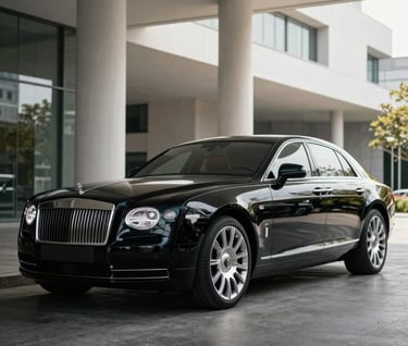Cinematic photography of a sleek black luxury vehicle parked under the portico of a modern museum. Reflections of white pillars on the car's surface. High-key lighting accents. Global / Hispano urban context. Elegant and powerful.