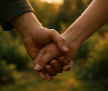 A close-up shot of two people's hands held together tightly, warm golden hour sunlight, authentic connection and storytelling, soft focus North American garden background.