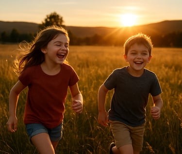 Two children laughing and running through a field in a North American landscape at sunset, warm sunbeams and light flares, authentic lifestyle photography.