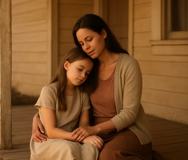 Cinematic photography of a mother and her daughter sharing a quiet, authentic moment on a wooden porch of a North American home. Soft sand and terracotta tones dominate the warm, sunlit scene.