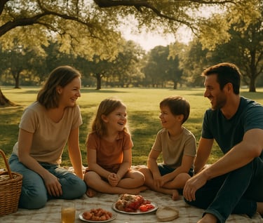 A cinematic wide shot of a family picnic in a sun-drenched North American park, authentic human interaction, warm and inviting storytelling mood.
