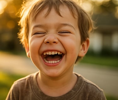 A tight, candid close-up portrait of a young child laughing heartily. The lighting is warm and sun-drenched, emphasizing the authentic emotional connection. North American suburban setting with cinematic bokeh.
