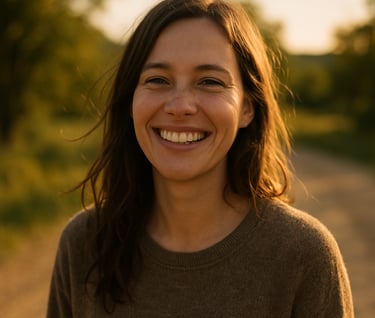 A warm, candid portrait of a woman in an outdoor North American setting. The style is lifestyle photography with sun-drenched lighting and cinematic depth of field, highlighting a friendly and authentic mood.