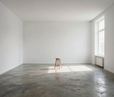 A wide-angle interior shot of a minimalist photography studio, polished concrete floors, tall white walls, a single stool in the center, high-key natural lighting, North American / European.