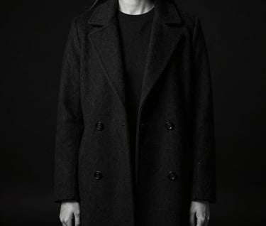 An artistic black and white portrait of a person wearing a structured black overcoat, standing against a deep black background, dramatic side lighting, editorial style, North American / European.