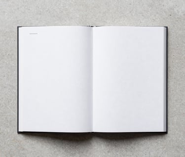 A minimalist flat-lay of an open photography book with white pages on a light gray stone surface. The composition is perfectly symmetrical, capturing the clean, editorial aesthetic of a modern North American art publication house.