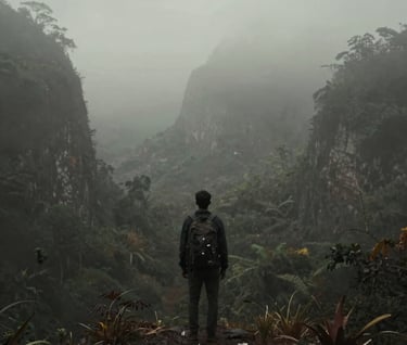 A moody, atmospheric shot of a lone traveler looking out over a misty jungle valley. The composition is minimalist, with a dark #2A362B foreground and a soft, fog-filled background. The image evokes deep emotional connection and a sense of wonder.