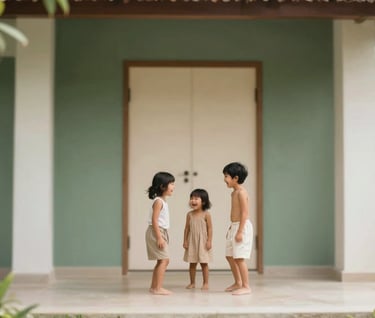 Candid, joyful laugh of children playing in a minimalist Bali villa. Serene and heartfelt elegance. Natural lighting, warm storytelling aesthetic. Color palette features dark green (#2A362B), muted green (#5F705B), warm beige (#C7B7A3), and off-white (#F7F3EE).