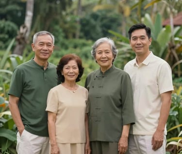 Generational family portrait in a beautiful Bali nature reserve. Serene and heartfelt elegance, modern minimalist composition. Timeless memory. Colors seamlessly blend dark green (#2A362B), muted green (#5F705B), warm beige (#C7B7A3), and off-white (#F7F3EE).