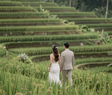A bride and groom walking through a lush Balinese rice terrace. Modern minimalism meets heartfelt elegance, captured from a distance to emphasize the natural beauty. Incorporating #2A362B, #5F705B, and #F7F3EE.