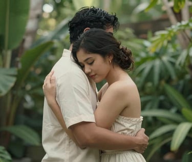 A couple sharing a quiet, intimate embrace in a lush Bali garden. Heartfelt elegance, timeless artful memory. Soft sunlight filtering through. Highlights of dark green (#2A362B), muted green (#5F705B), warm beige (#C7B7A3), and off-white (#F7F3EE).