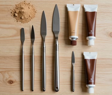 An overhead flat-lay photograph in a modern artist's workshop. Several stainless steel palette knives of various shapes are arranged neatly next to tubes of acrylic paint in warm sand and espresso brown tones. The surface is light-colored wood. North American aesthetic.