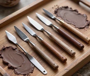 An artistic close-up shot of several palette knives of various sizes resting on a wooden tray covered in dabs of muted clay and deep umber acrylic paint. Artistic professionalism in a Western studio environment.