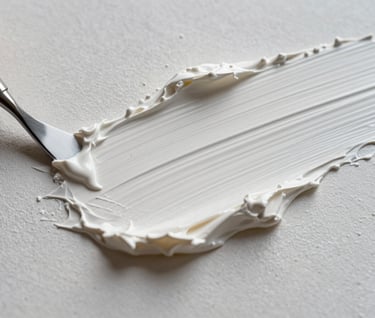 Extreme macro photography of a textured art piece. The image shows the intricate details of a palette knife's stroke in white acrylic, showing subtle shadows and a professional matte finish.