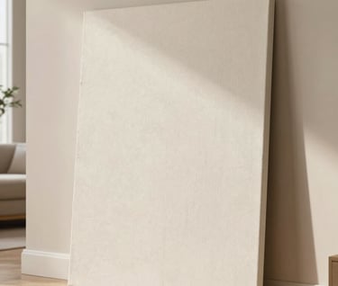 A wide, clean shot of a textured canvas resting against a soft beige wall in a bright, modern North American apartment. The art is the focus, appearing professional and sophisticated under warm light.