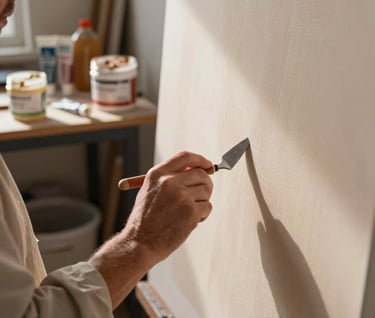 An artist's hands wearing a simple smock, working with a painting knife to refine a large canvas in a North American studio. The studio is filled with warm sunlight and containers of raw molding paste and acrylic tubes in earthy colors.