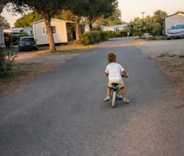 Enfant faisant du vélo en toute sécurité dans les allées du camping Siblu Le Lac des Rêves à Lattes