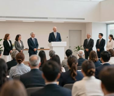 An elegant, documentary-style shot of a ministry event in a modern, light-filled hall. The composition uses clean lines and #F5F2EC tones to convey a sense of professionalism and community. High-quality videography frame.