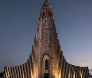 A cinematic landscape view of a modern church architecture with sharp lines, shot during the 'blue hour'. The sky is a deep #1A2F3C and the building is lit with warm #A79E8B tones. High-quality craftsmanship and a sense of awe-inspiring professionalism.