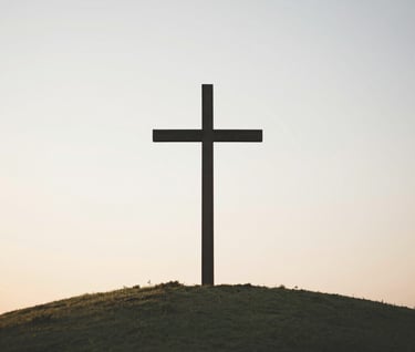 A silhouette of a simple wooden cross standing on a hilltop at sunrise. The sky is a soft gradient of #F5F2EC and light grey, with the ground in a muted #4C6A65 green. The composition is clean, trustworthy, and evokes a sense of deep peace and spiritual inspiration.