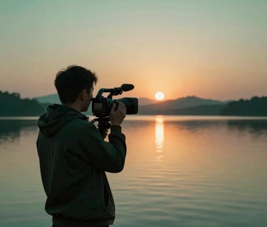 An action shot of a videographer on location, filming a sunrise over a peaceful lake. The palette focuses on the deep green #4C6A65 and the warm #A79E8B tones of the morning sun. Professional and inspiring.