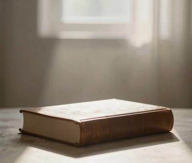 A serene, artistic photograph capturing a beam of morning sunlight cutting through a hazy room, illuminating a leather-bound book on a table. The composition uses the #F5F2EC cream and #A79E8B taupe palette to create a sense of peaceful devotion.