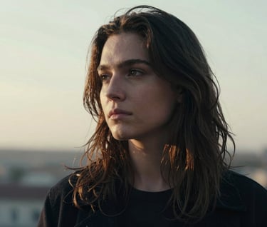 A vertical portrait of a person in a reflective mood, captured in the soft morning light of Brest. The palette is dominated by dark charcoal and soft off-white, emphasizing a refined and calm atmosphere.