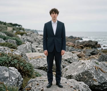 An artistic outdoor portrait taken on the coast of Brest. The subject is integrated into a landscape of grey rocks and muted sage green vegetation. High-end photography with a focus on harmony and calm.