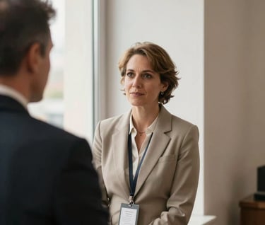 Candid shot of two people in conversation at a corporate event. Natural light from a large window. Soft off-white and warm taupe tones dominate the scene. Professional and sensitive portrayal.