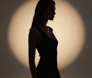 A dramatic silhouette of a model captured during a high-end North American / US media shoot. The background features a glowing muted gold backlight and soft charcoal grey shadows, exuding a premium and artistic cinematic mood.