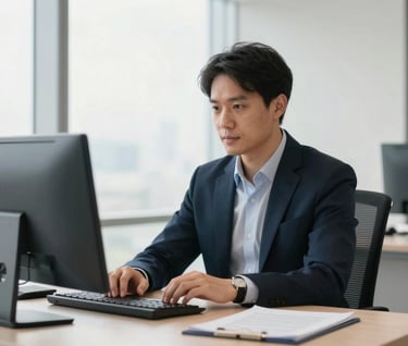 A professional in a modern North American / US executive office, captured with soft alabaster white natural light, high-end editorial photography style.