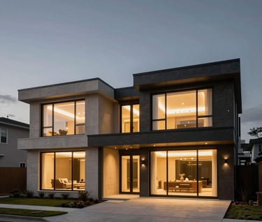 Wide cinematic shot of a modern architectural home in a North American / US city at dusk, dark slate grey sky, warm gold interior lights glowing through expansive windows, sleek and premium aesthetic.