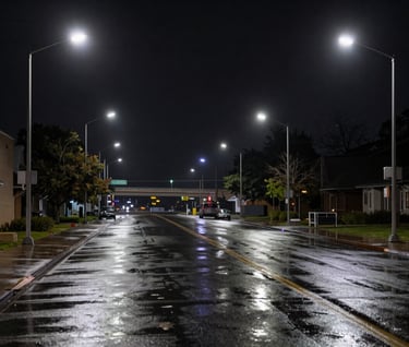 A sleek, dark North American / US urban landscape at night, captured with anamorphic flares and soft off-white streetlights reflecting on wet pavement.