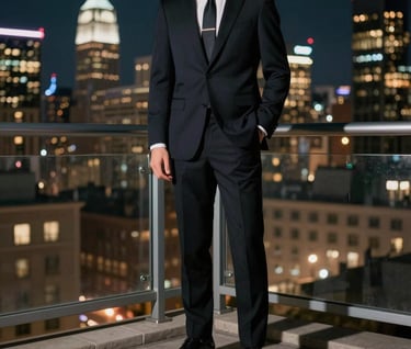 A person in formal evening wear standing on a balcony overlooking a North American / US city at night, sophisticated and artistic composition.