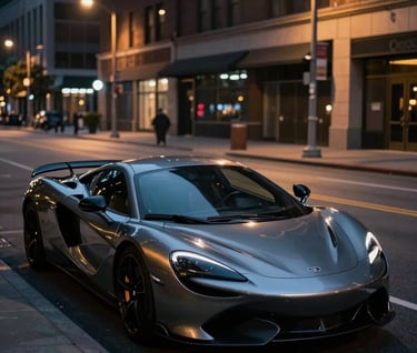 A luxury sports car parked gracefully on a moody North American / US city street at night, dark slate grey tones, gold streetlights reflecting on the metallic paint, sleek, cinematic and visually driven.