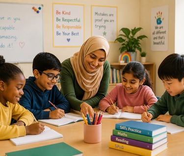 Primary school teacher supporting a diverse group of children during a SATs preparation lesson in Ma