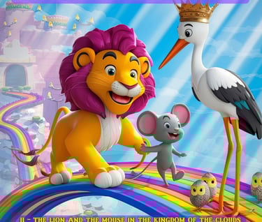 A lion and a mouse on a rainbow with a stork queen