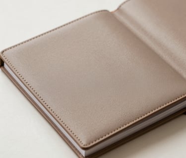 A minimalist composition showing a detail of a luxury photography album cover in warm taupe leather, placed on a soft off-white surface. Natural, high-end lighting, European aesthetic.