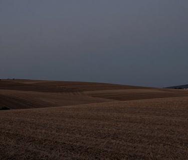 Artistic wide shot of a Mediterranean landscape in Spain during the blue hour, minimalist horizon, atmospheric and professional photography style, dark grey and muted brown tones.