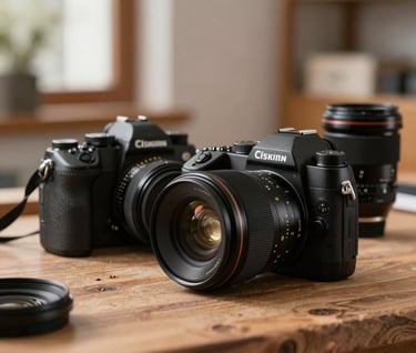 Artistic soft-focus shot of a professional camera and lenses resting on a wooden workspace in a sunlit Spanish atelier, elegant and quiet mood.