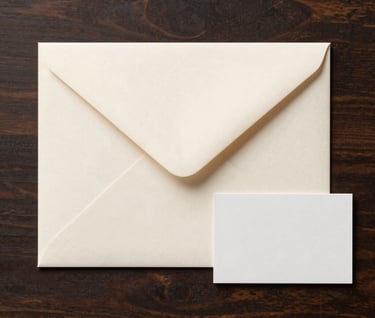 Top-down view of a minimalist off-white envelope and a small card on a dark wooden table, European professional stationery style, clean lines.